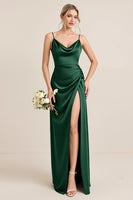 Load image into Gallery viewer, Olive Satin Spaghetti Straps Sheath Maxi Bridesmaid Dress with Slit