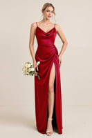 Load image into Gallery viewer, Olive Satin Spaghetti Straps Sheath Maxi Bridesmaid Dress with Slit