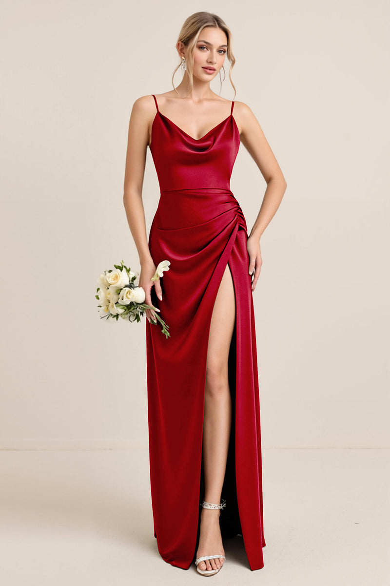 Load image into Gallery viewer, Olive Satin Spaghetti Straps Sheath Maxi Bridesmaid Dress with Slit