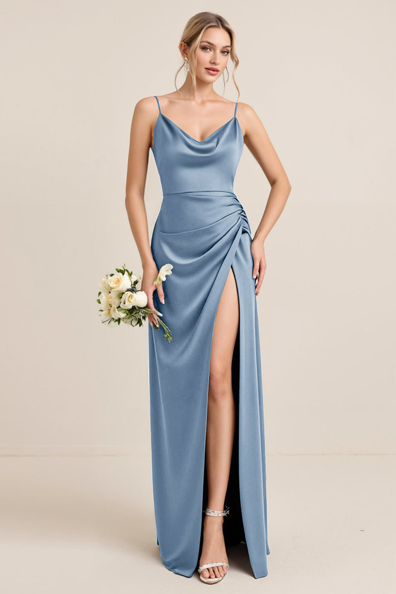 Load image into Gallery viewer, Olive Satin Spaghetti Straps Sheath Maxi Bridesmaid Dress with Slit