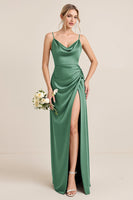 Load image into Gallery viewer, Olive Satin Spaghetti Straps Sheath Maxi Bridesmaid Dress with Slit