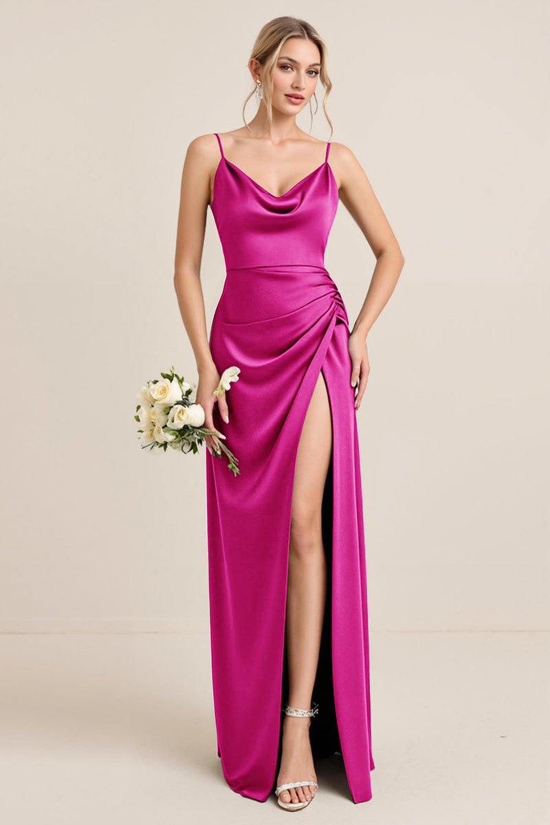 Load image into Gallery viewer, Olive Satin Spaghetti Straps Sheath Maxi Bridesmaid Dress with Slit