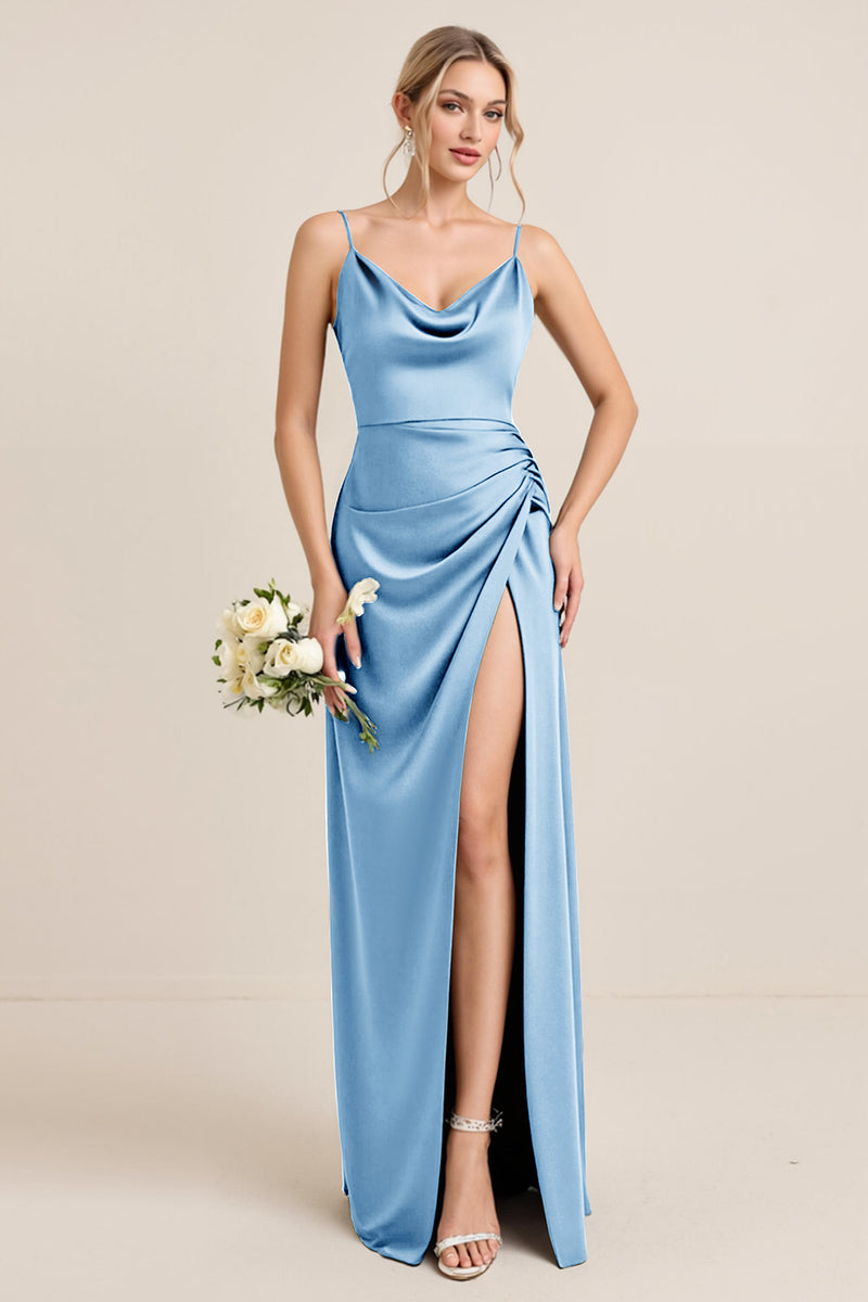 Load image into Gallery viewer, Olive Satin Spaghetti Straps Sheath Maxi Bridesmaid Dress with Slit