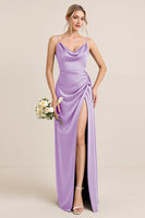 Load image into Gallery viewer, Olive Satin Spaghetti Straps Sheath Maxi Bridesmaid Dress with Slit