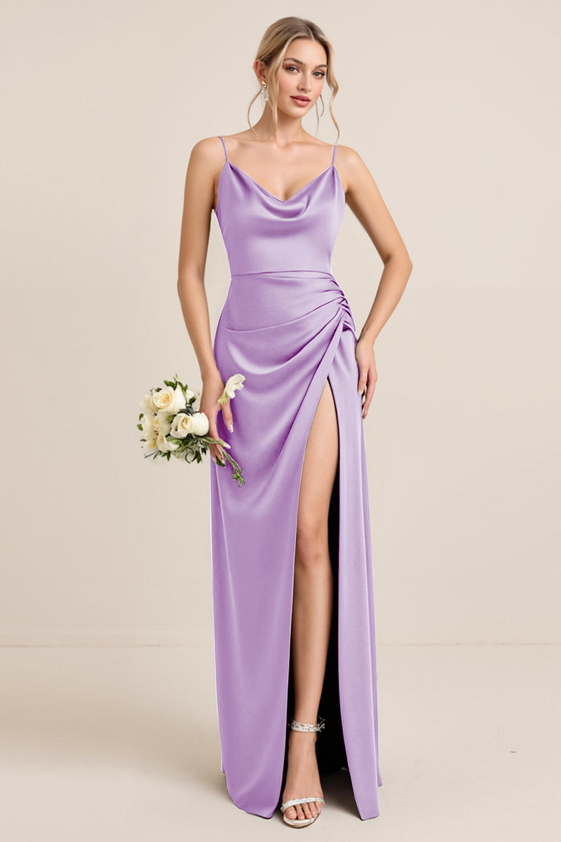Load image into Gallery viewer, Olive Satin Spaghetti Straps Sheath Maxi Bridesmaid Dress with Slit