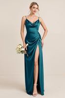 Load image into Gallery viewer, Olive Satin Spaghetti Straps Sheath Maxi Bridesmaid Dress with Slit