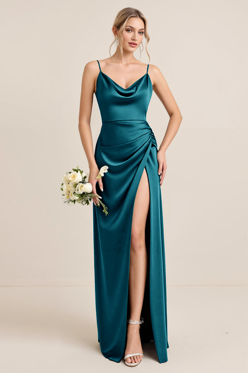 Load image into Gallery viewer, Olive Satin Spaghetti Straps Sheath Maxi Bridesmaid Dress with Slit