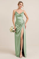 Load image into Gallery viewer, Olive Satin Spaghetti Straps Sheath Maxi Bridesmaid Dress with Slit