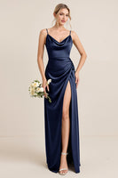 Load image into Gallery viewer, Olive Satin Spaghetti Straps Sheath Maxi Bridesmaid Dress with Slit