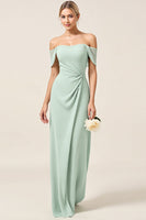 Load image into Gallery viewer, Mint Sheath Off the Shoulder Maxi Bridesmaid Dress with Slit