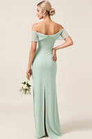 Load image into Gallery viewer, Mint Sheath Off the Shoulder Maxi Bridesmaid Dress with Slit