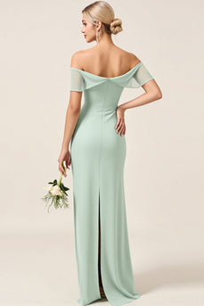 Mint Sheath Off the Shoulder Maxi Bridesmaid Dress with Slit