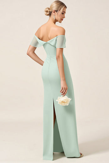Mint Sheath Off the Shoulder Maxi Bridesmaid Dress with Slit