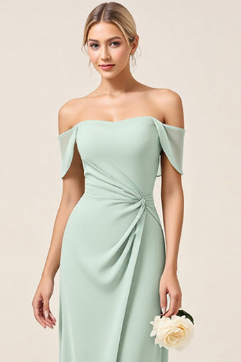 Mint Sheath Off the Shoulder Maxi Bridesmaid Dress with Slit
