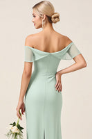 Load image into Gallery viewer, Mint Sheath Off the Shoulder Maxi Bridesmaid Dress with Slit