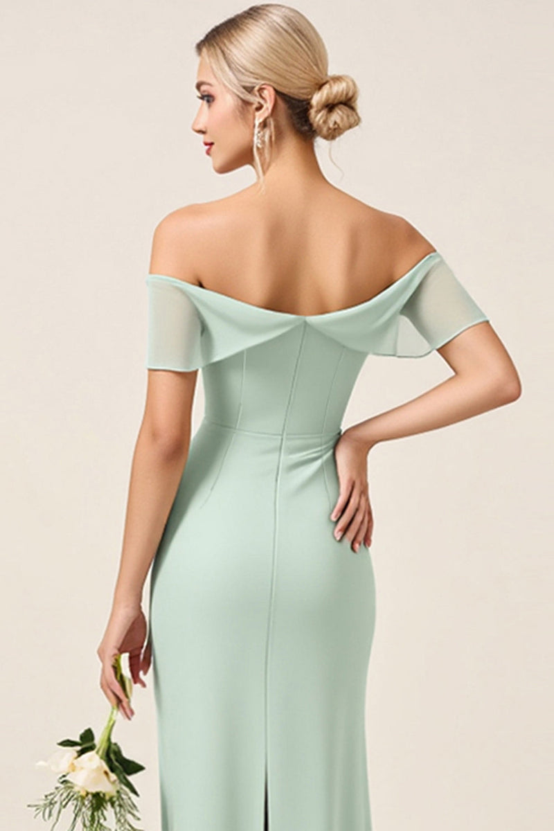 Load image into Gallery viewer, Mint Sheath Off the Shoulder Maxi Bridesmaid Dress with Slit