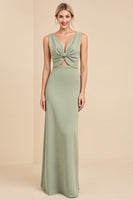 Load image into Gallery viewer, Sage Sheath V Neck Cut Out Maxi Bridesmaid Dress