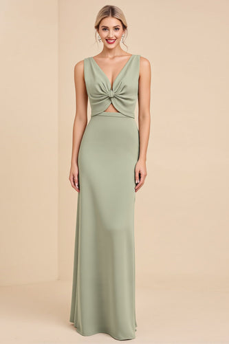 Sage Sheath V Neck Cut Out Maxi Bridesmaid Dress