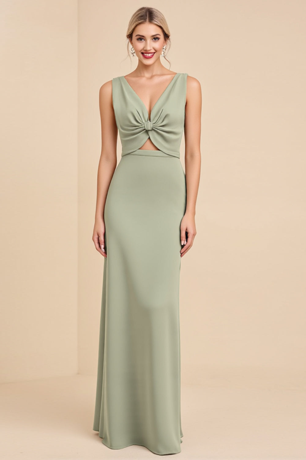 Sage Sheath V Neck Cut Out Maxi Bridesmaid Dress