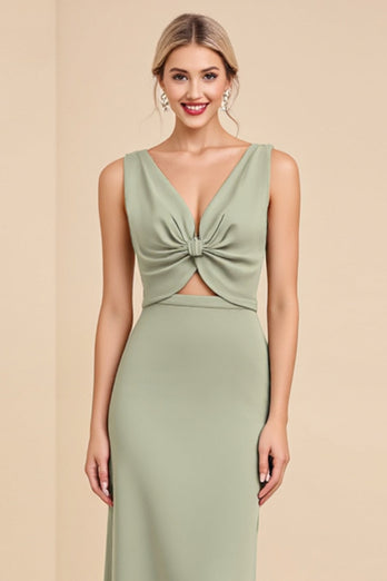 Sage Sheath V Neck Cut Out Maxi Bridesmaid Dress