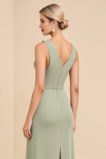 Sage Sheath V Neck Cut Out Maxi Bridesmaid Dress