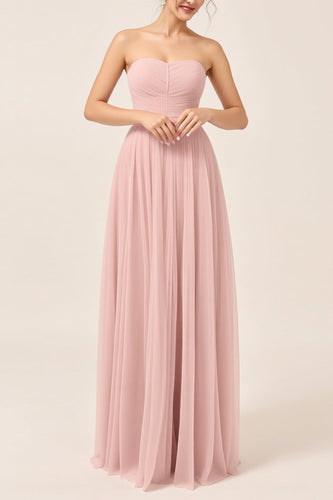 Blush Pink A Line Strapless Maxi Bridesmaid Dress