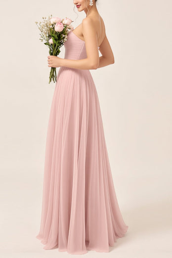 Blush Pink A Line Strapless Maxi Bridesmaid Dress