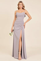 Load image into Gallery viewer, Silver Sheath Spaghetti Straps Maxi Bridesmaid Dress with Slit