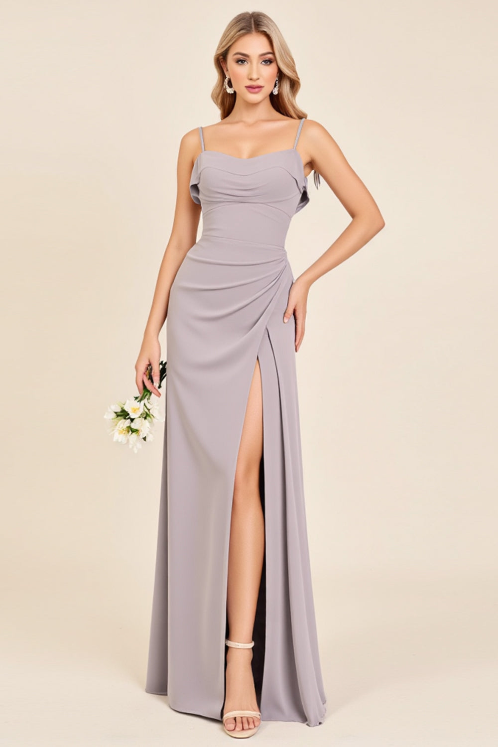 Silver Sheath Spaghetti Straps Maxi Bridesmaid Dress with Slit