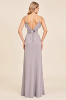 Load image into Gallery viewer, Silver Sheath Spaghetti Straps Maxi Bridesmaid Dress with Slit