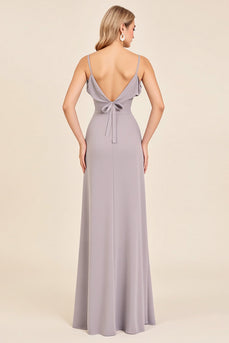 Silver Sheath Spaghetti Straps Maxi Bridesmaid Dress with Slit