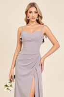 Load image into Gallery viewer, Silver Sheath Spaghetti Straps Maxi Bridesmaid Dress with Slit
