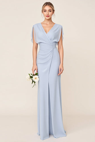 Light Blue V Neck Sheath Maxi Bridesmaid Dress
