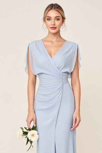 Light Blue V Neck Sheath Maxi Bridesmaid Dress
