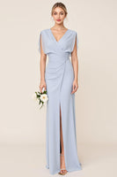 Load image into Gallery viewer, Light Blue V Neck Sheath Maxi Bridesmaid Dress