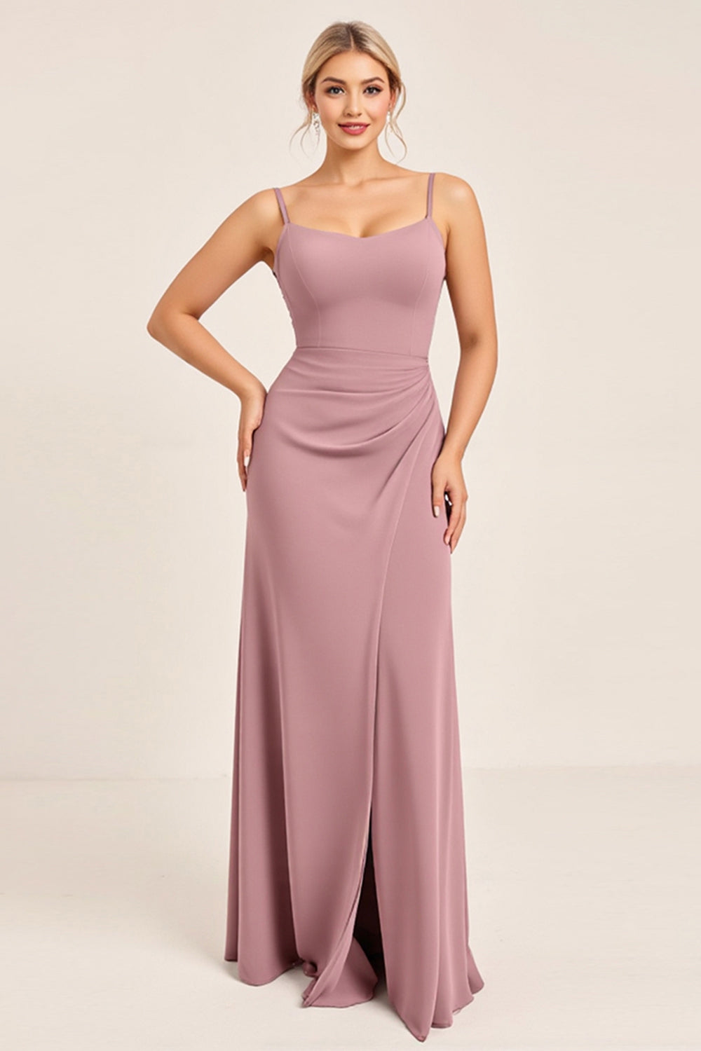 Vintage Mauve Spaghetti Straps Sheath Maxi Bridesmaid Dress with Bow