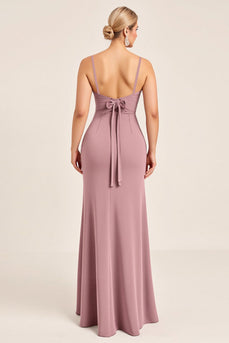 Vintage Mauve Spaghetti Straps Sheath Maxi Bridesmaid Dress with Bow