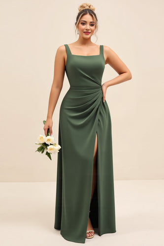 Olive Satin Square Neck Sheath Maxi Bridesmaid Dress with Slit