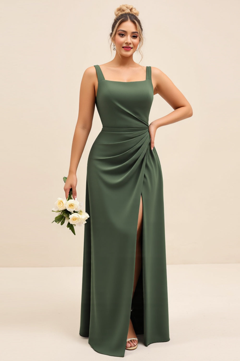 Olive Satin Square Neck Sheath Maxi Bridesmaid Dress with Slit
