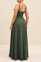 Load image into Gallery viewer, Olive Satin Square Neck Sheath Maxi Bridesmaid Dress with Slit