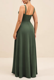 Olive Satin Square Neck Sheath Maxi Bridesmaid Dress with Slit