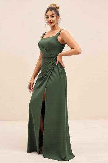 Olive Satin Square Neck Sheath Maxi Bridesmaid Dress with Slit