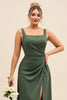 Load image into Gallery viewer, Olive Satin Square Neck Sheath Maxi Bridesmaid Dress with Slit