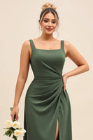Load image into Gallery viewer, Olive Satin Square Neck Sheath Maxi Bridesmaid Dress with Slit