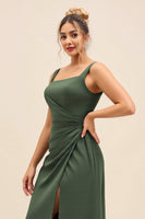 Load image into Gallery viewer, Olive Satin Square Neck Sheath Maxi Bridesmaid Dress with Slit
