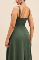 Load image into Gallery viewer, Olive Satin Square Neck Sheath Maxi Bridesmaid Dress with Slit