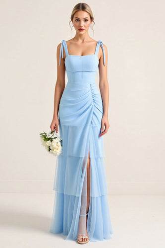 Sky Blue Sheath Maxi Tiered Bridesmaid Dress with Slit