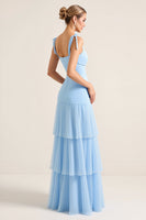 Load image into Gallery viewer, Sky Blue Sheath Maxi Tiered Bridesmaid Dress with Slit