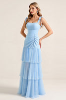 Load image into Gallery viewer, Sky Blue Sheath Maxi Tiered Bridesmaid Dress with Slit