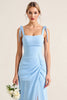Load image into Gallery viewer, Sky Blue Sheath Maxi Tiered Bridesmaid Dress with Slit